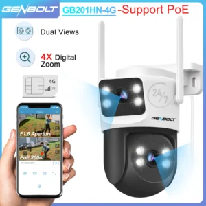 GENBOLT 4G LTE CCTV Surveillance Camera with SIM Card Dual Lens PoE Outdoor Security IP Camera Human Detection & Auto Tracking