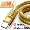 Gold Luxury Metal Data Cable Type C Micro USB Super Fast Charging Cord for Samsung Xiaomi Oppo Vivo Mobile Phone Quick Charge